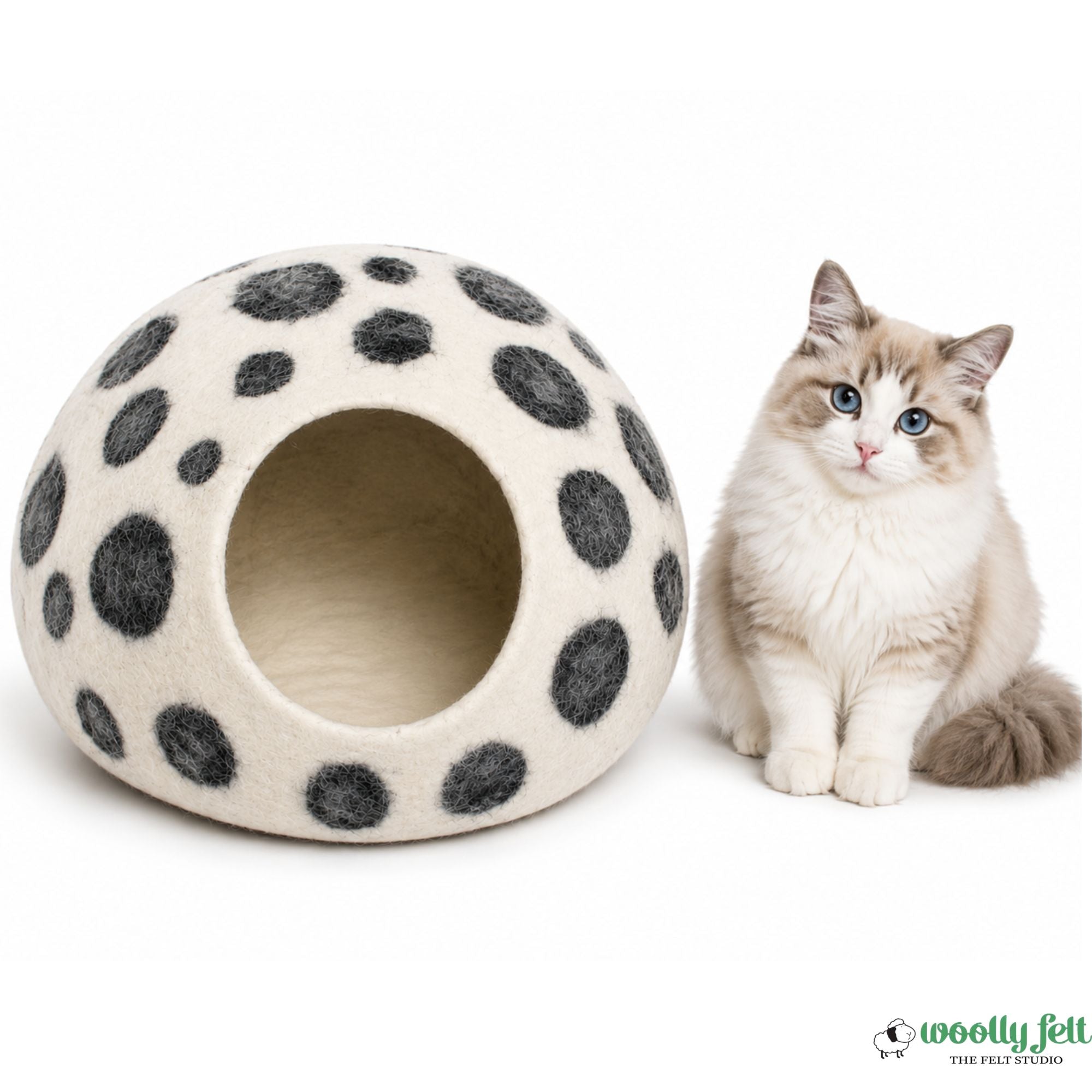 White Felt Cat Cave With Polka Dots - Handmade Dome Cat Bed, Vessel - Premium Wool Cave - Polka Doted Kitty Nest - Gift
