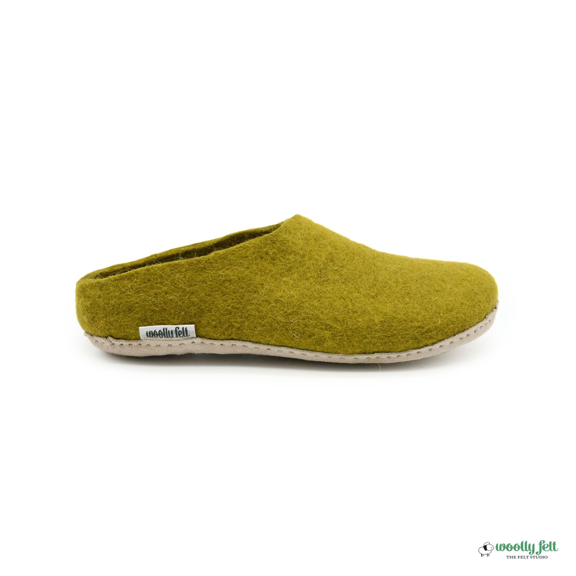 Olive Green Handmade Wool Felt Indoor Slipper with Leather Sole