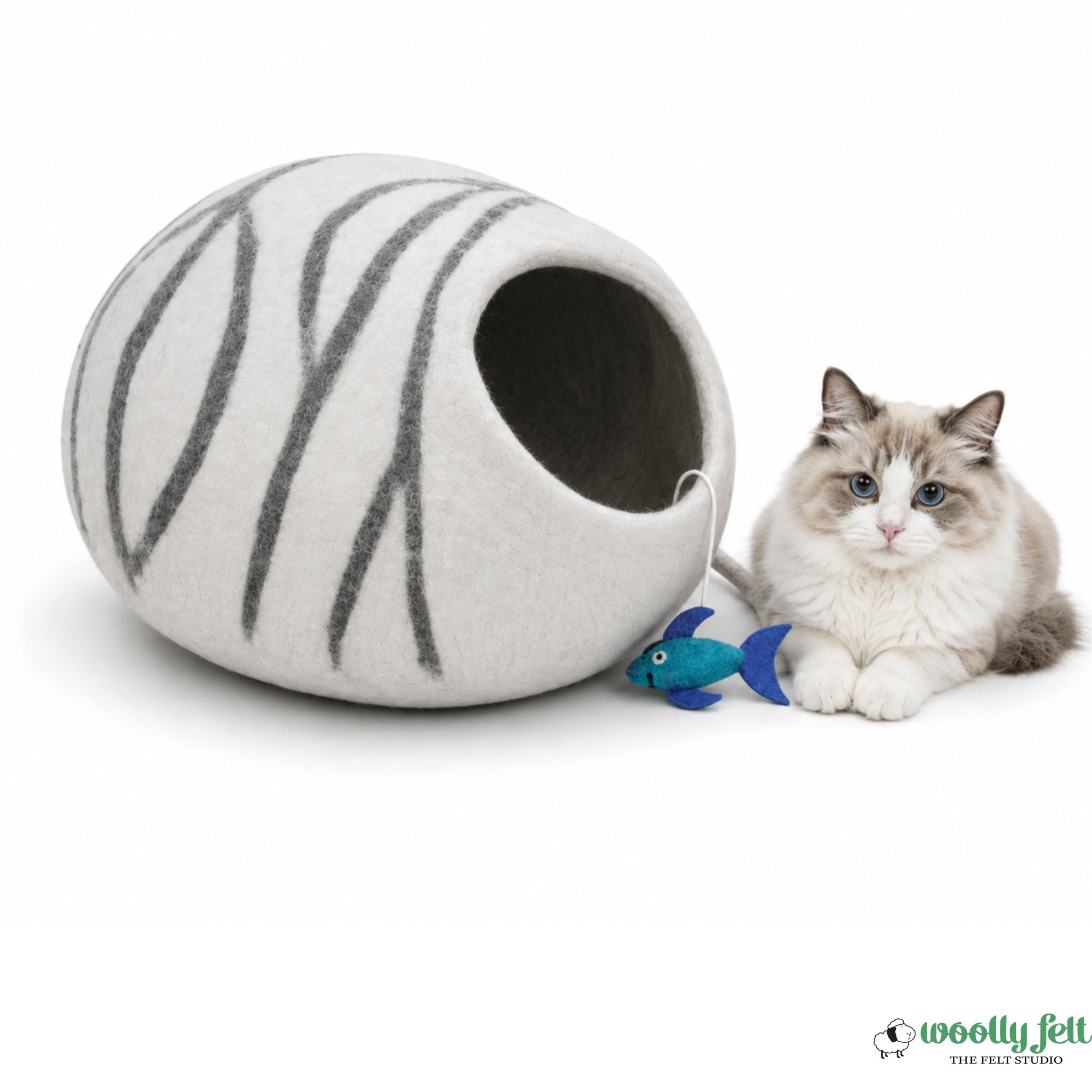Wool Cat Cave – Grey Round Bed with Black Stripes