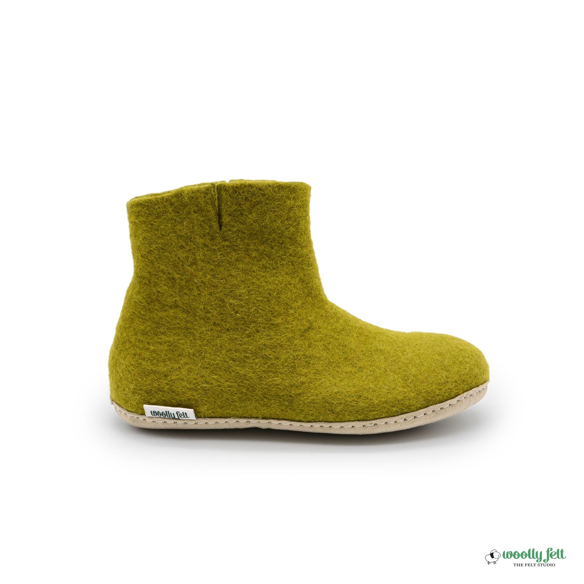 Olive Green Handmade Wool Felt Indoor Boot with Leather Sole