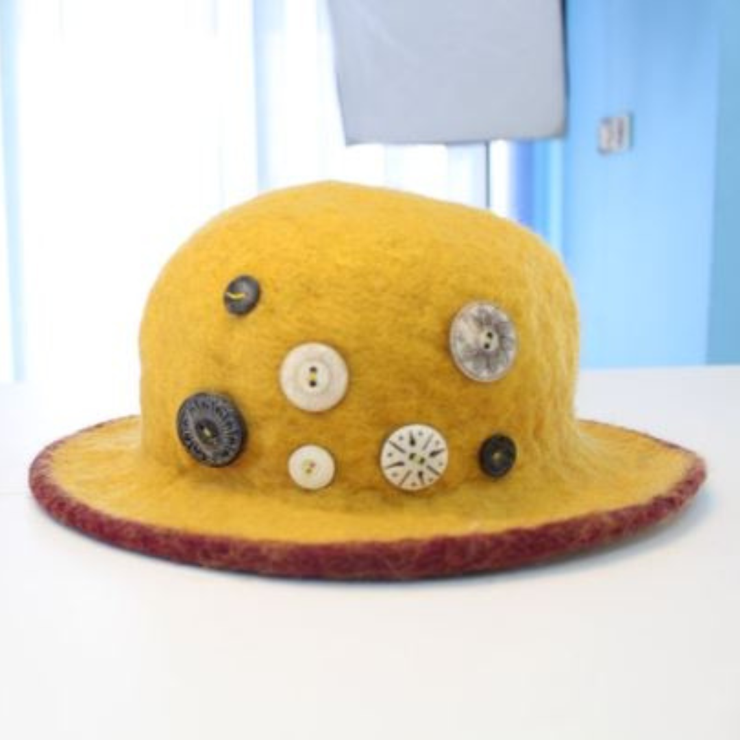 Yellow Cloche Wool Felt Hat with Button Detail