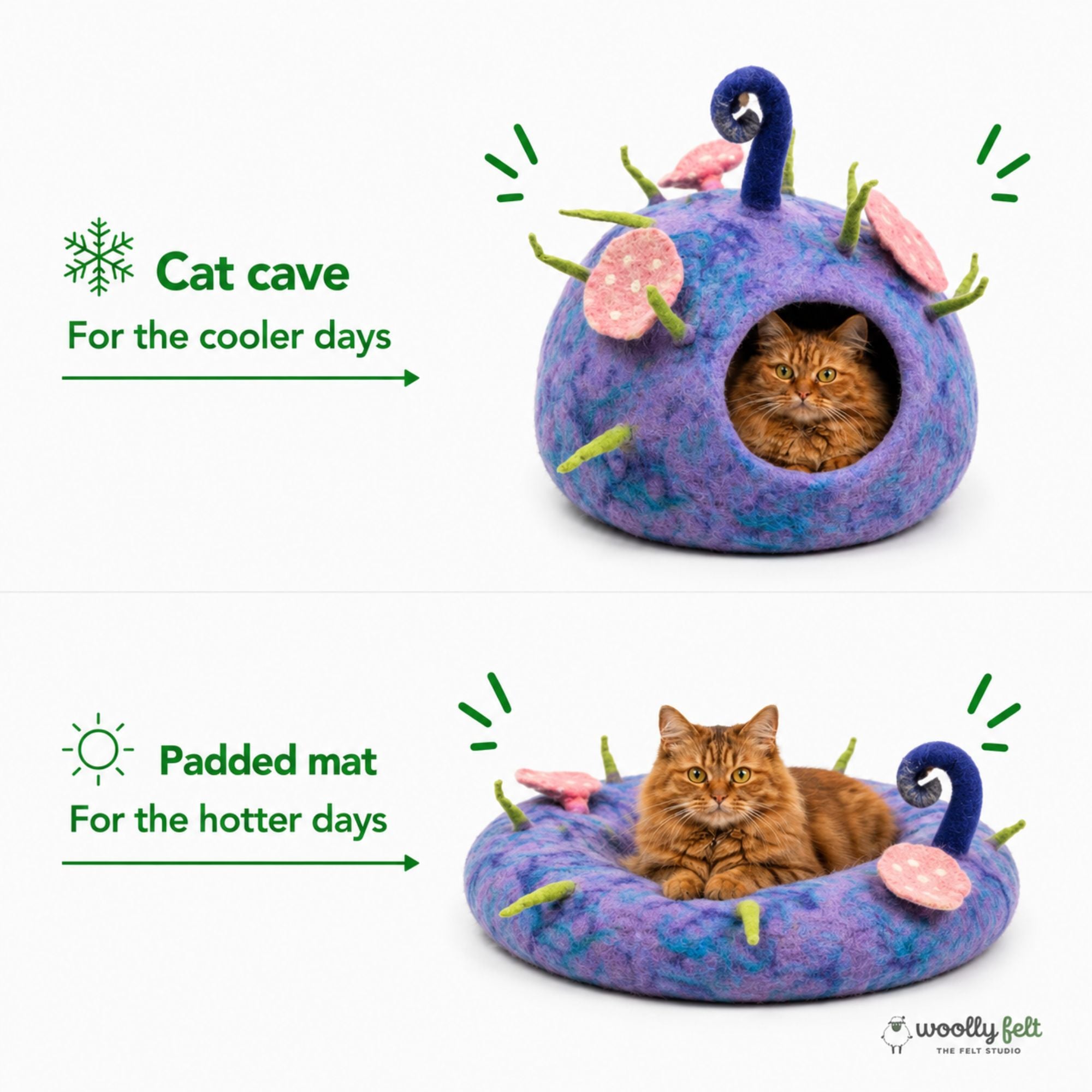 Purple Blue Felt Cat Cave Handmade Wool Cat Bed Cat House