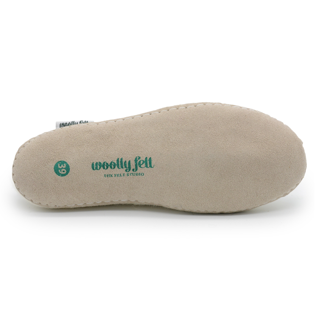 White Handmade Wool Felt Indoor Slipper with Leather Sole