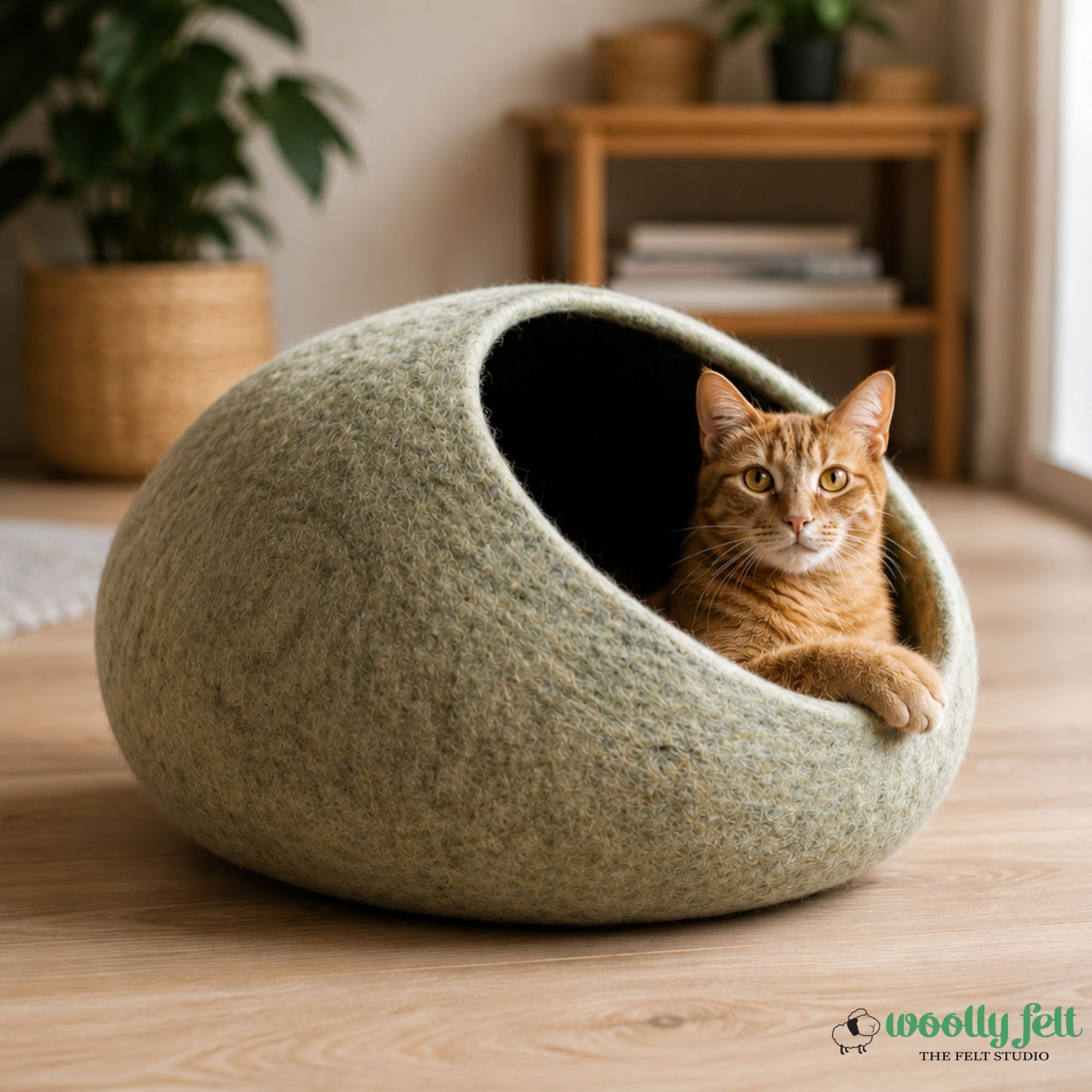 Wide Opening Felt Cat Cave Off White Olive Wool Cat Bed