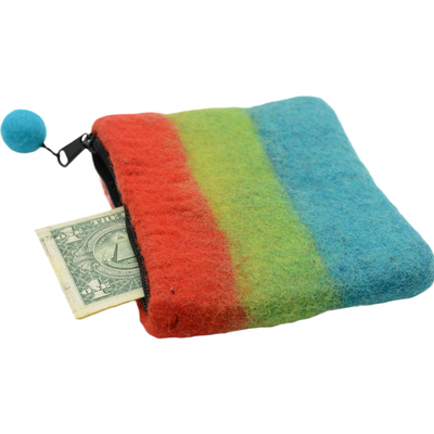 Pochette Monnaie en Feutre de Laine Rayures Arc-en-ciel avec Fermeture Éclair