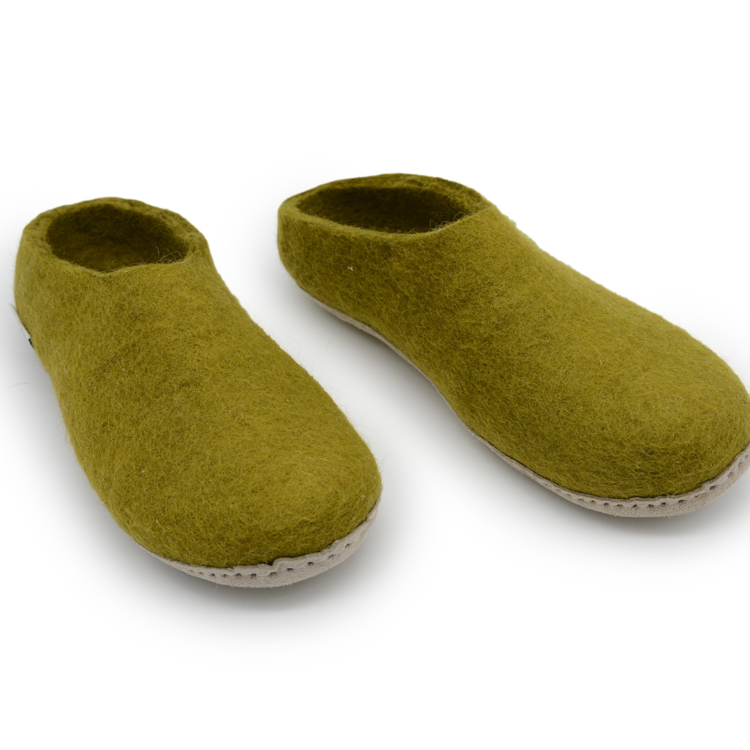 Olive Green Handmade Wool Felt Indoor Slipper with Leather Sole