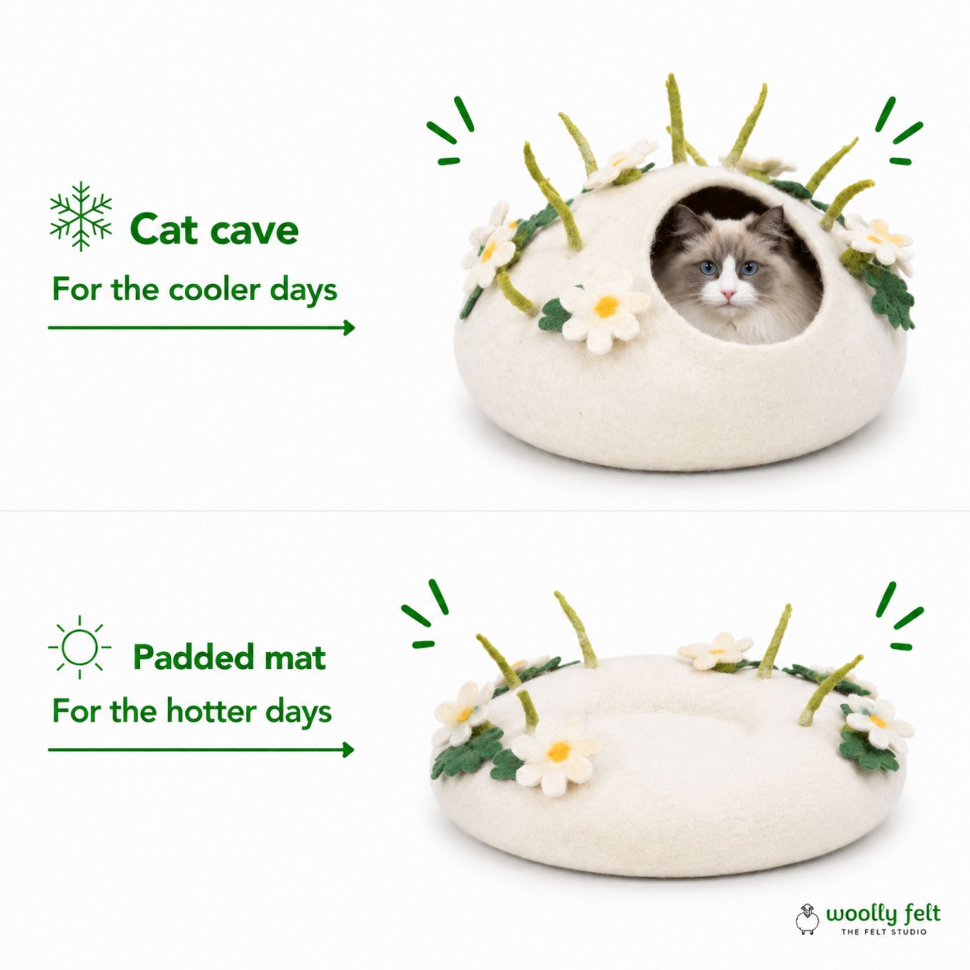 야생화 펠트 고양이 동굴 꽃무늬 양모 고양이 침대 고양이 은신처