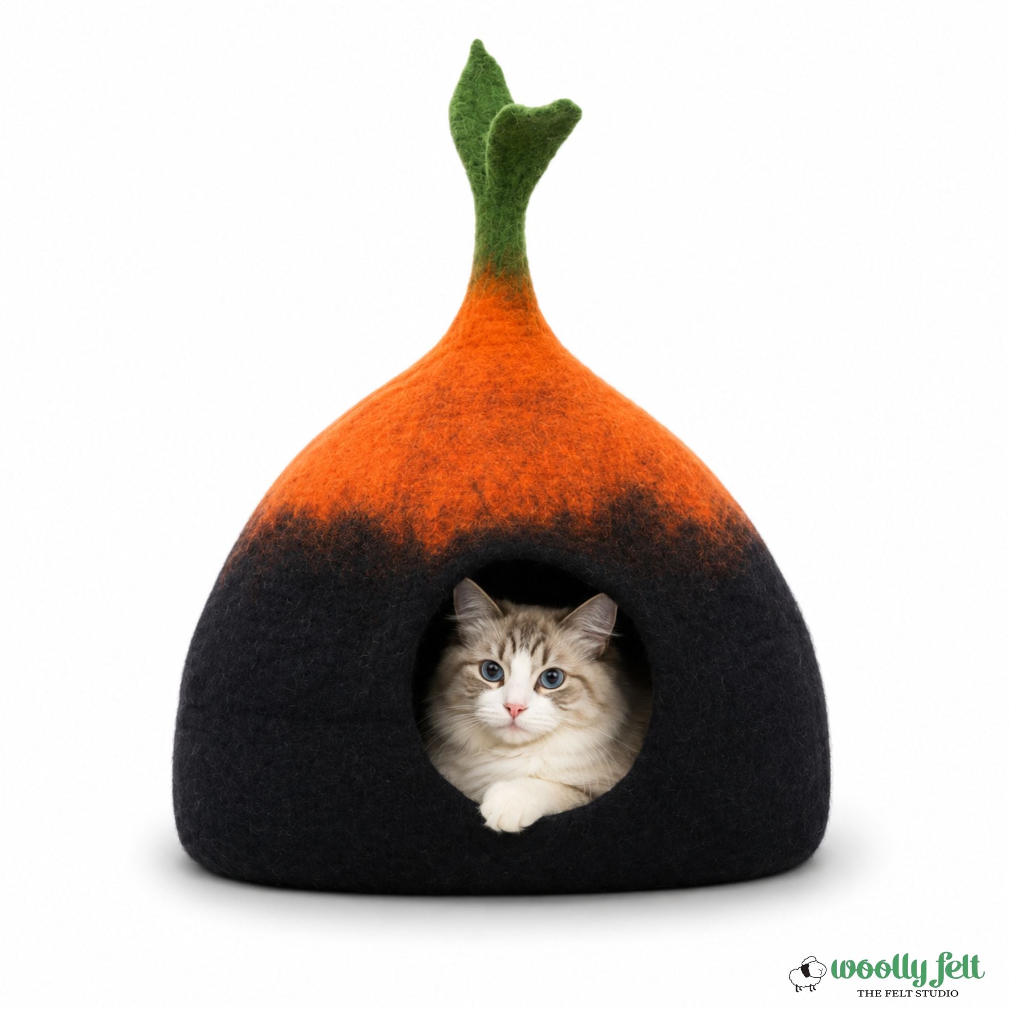Tie-Dye Color Felt Cat Cave With Leaf On Top - Handmade Felted Cat Cocoon - Sustainable And Eco-Friendly Cat House