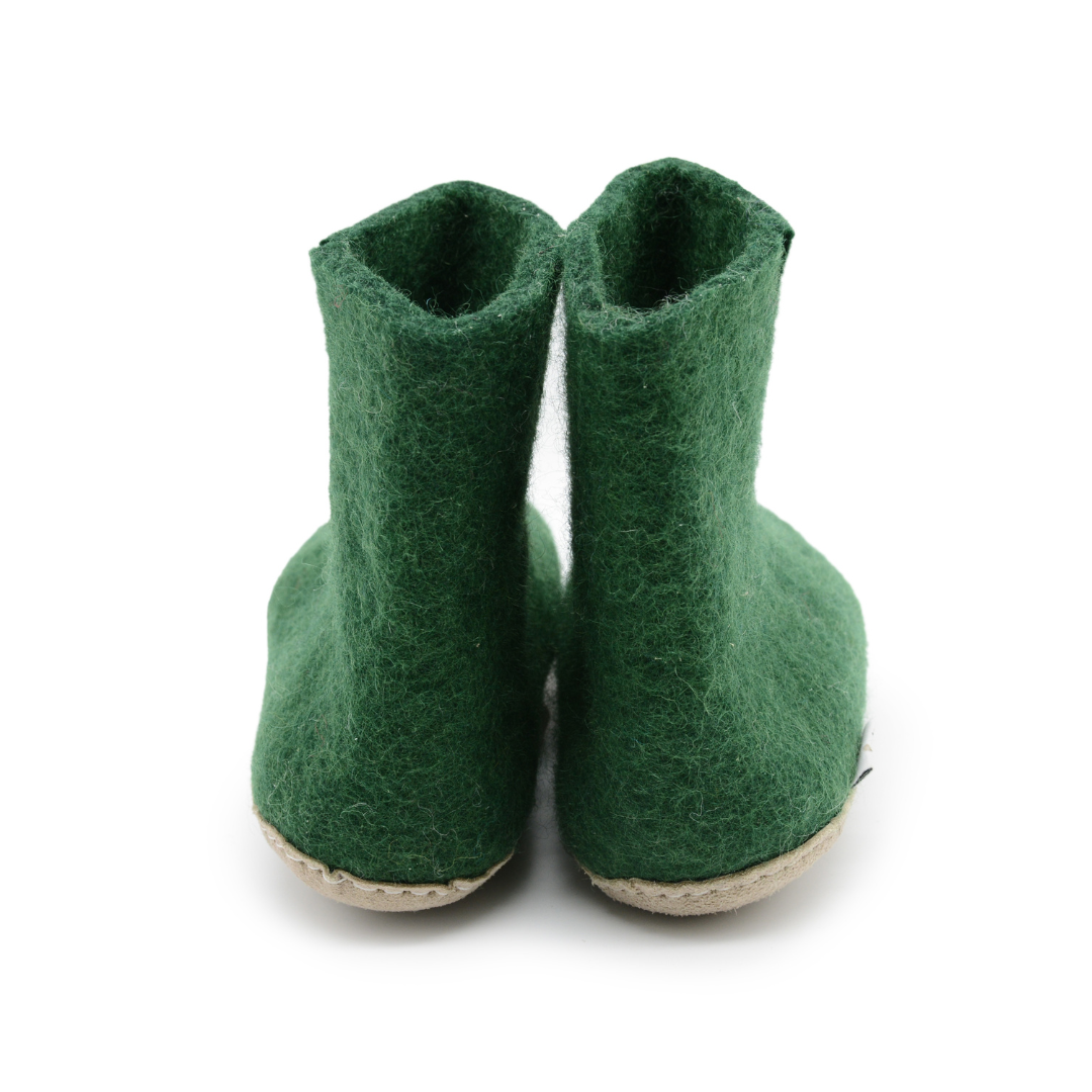 Forest Green Handmade Wool Felt Indoor Boot with Leather Sole