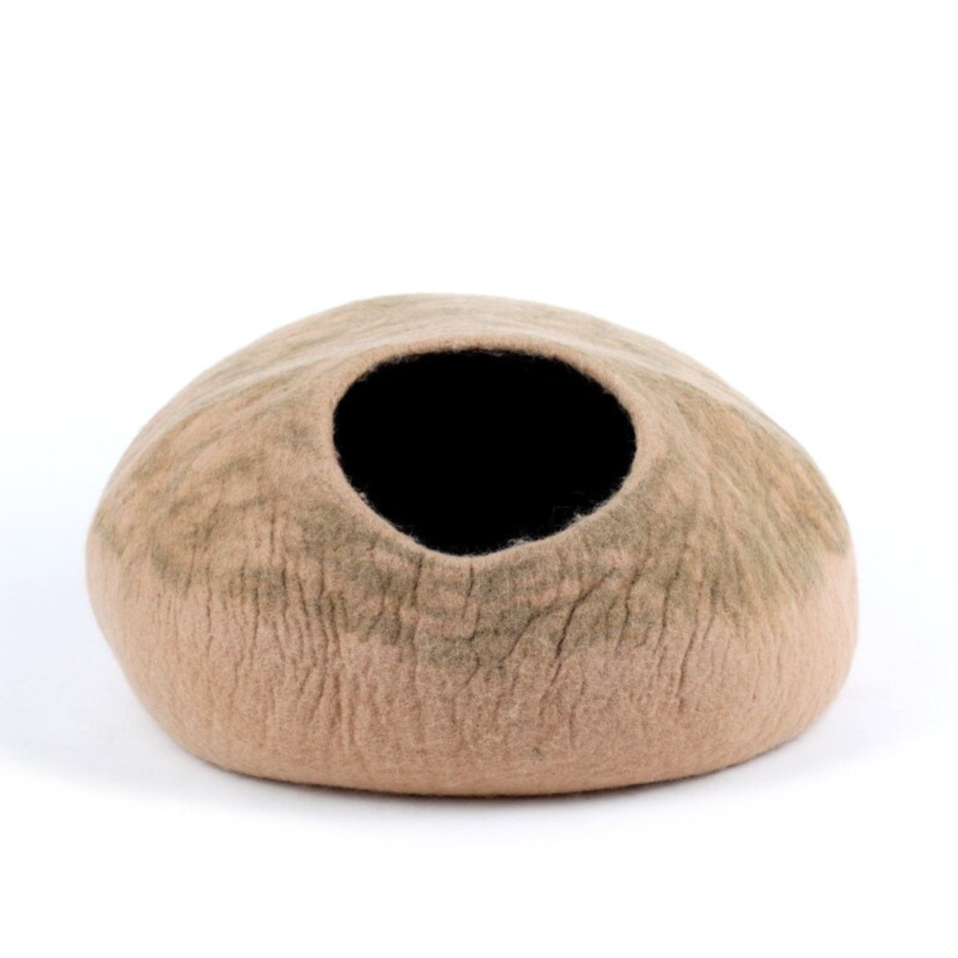 Niche pour chat en feutre à rayures beiges, fabriquée à la main en laine, lit pour chat, maison pour chat