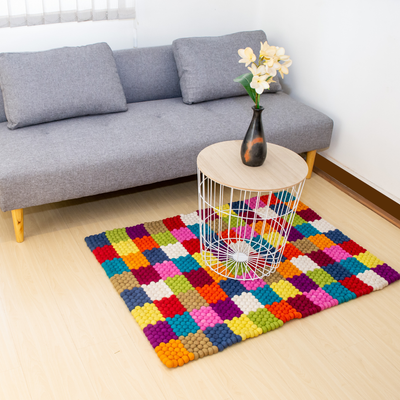 Tapis rectangulaire en laine double épaisseur multicolore fait à la main