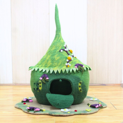 Green Berry Felt Cat Cave with Mat Handmade Wool Cat Bed