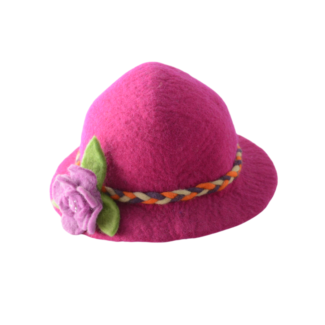 Chapeau unique en feutre de laine rose avec motif floral