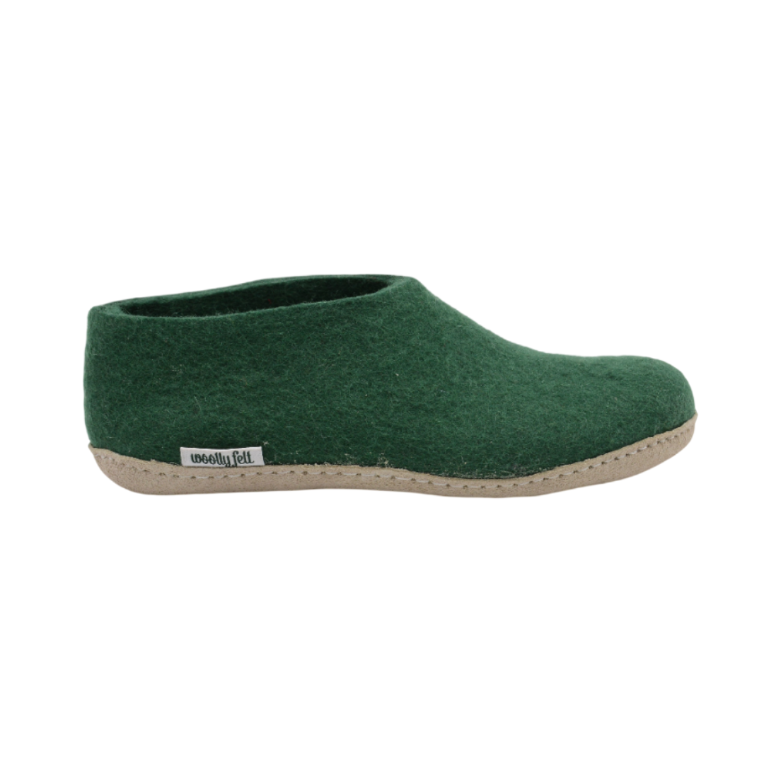 Forest Green Handmade Wool Felt Indoor Shoes with Leather Sole