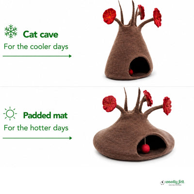 Maison de chat en feutre rouge faite à la main en forme de fleur, lit douillet pour chat en laine, cabane à chat confortable