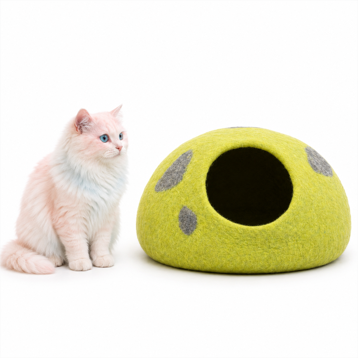 Olive Lime Green Wool Felt Cat Cave, Handcrafted Pet Bed, Cozy Cat House, Modern Minimal Design