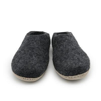 Charcoal Grey Handmade Wool Felt Indoor Slipper with Leather Sole