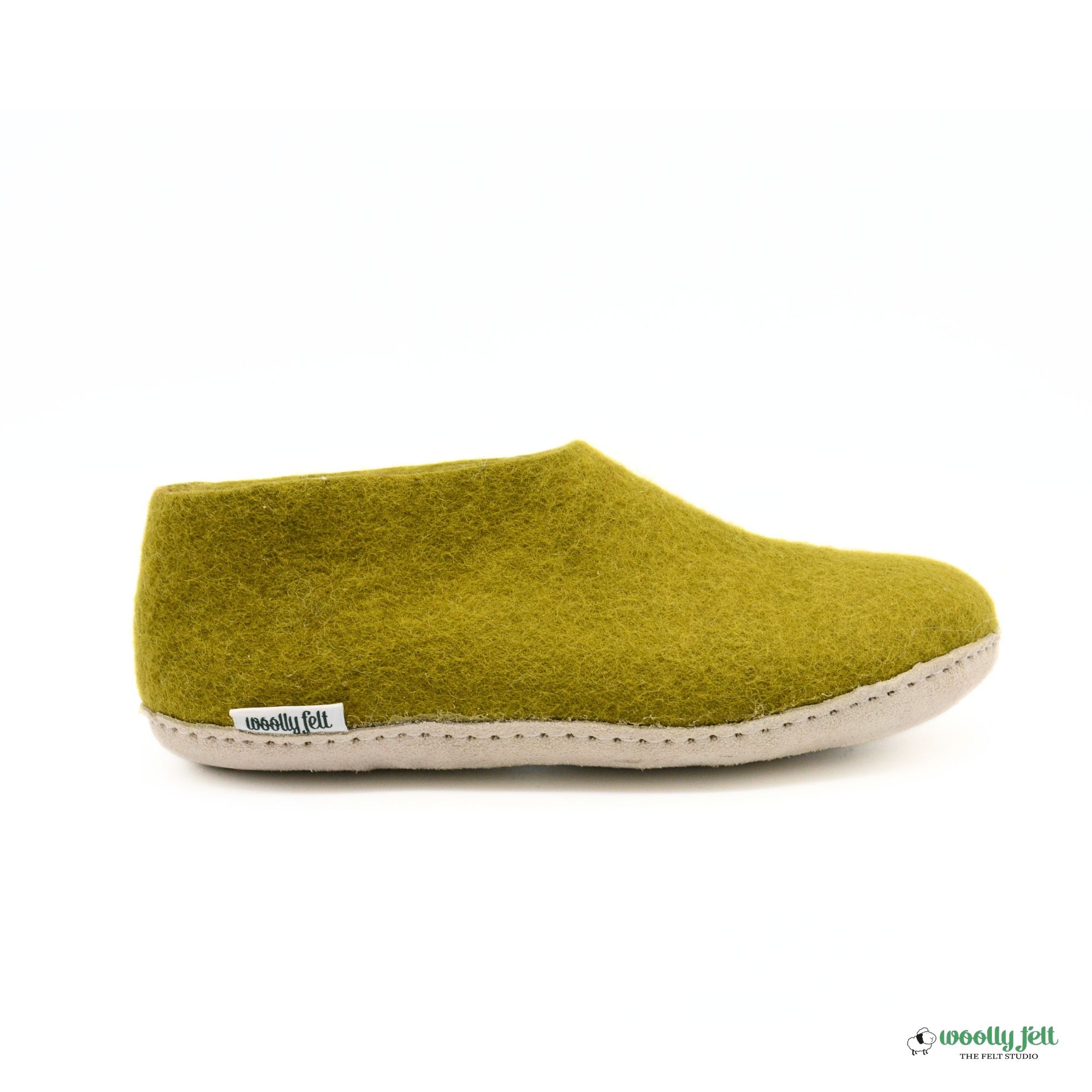 Olive Green Handmade Wool Felt Indoor Shoes with Leather Sole