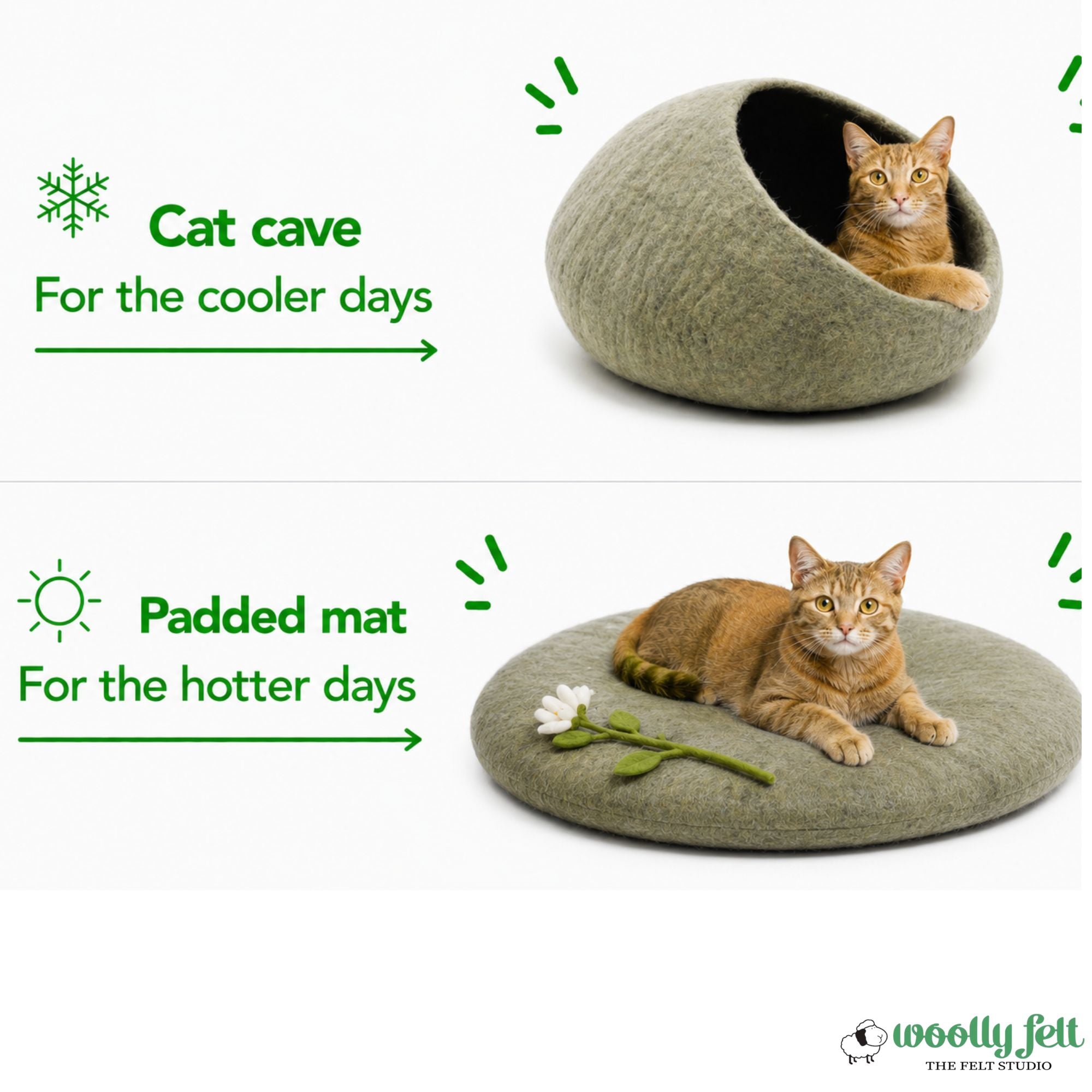 Wide Opening Felt Cat Cave Off White Olive Wool Cat Bed