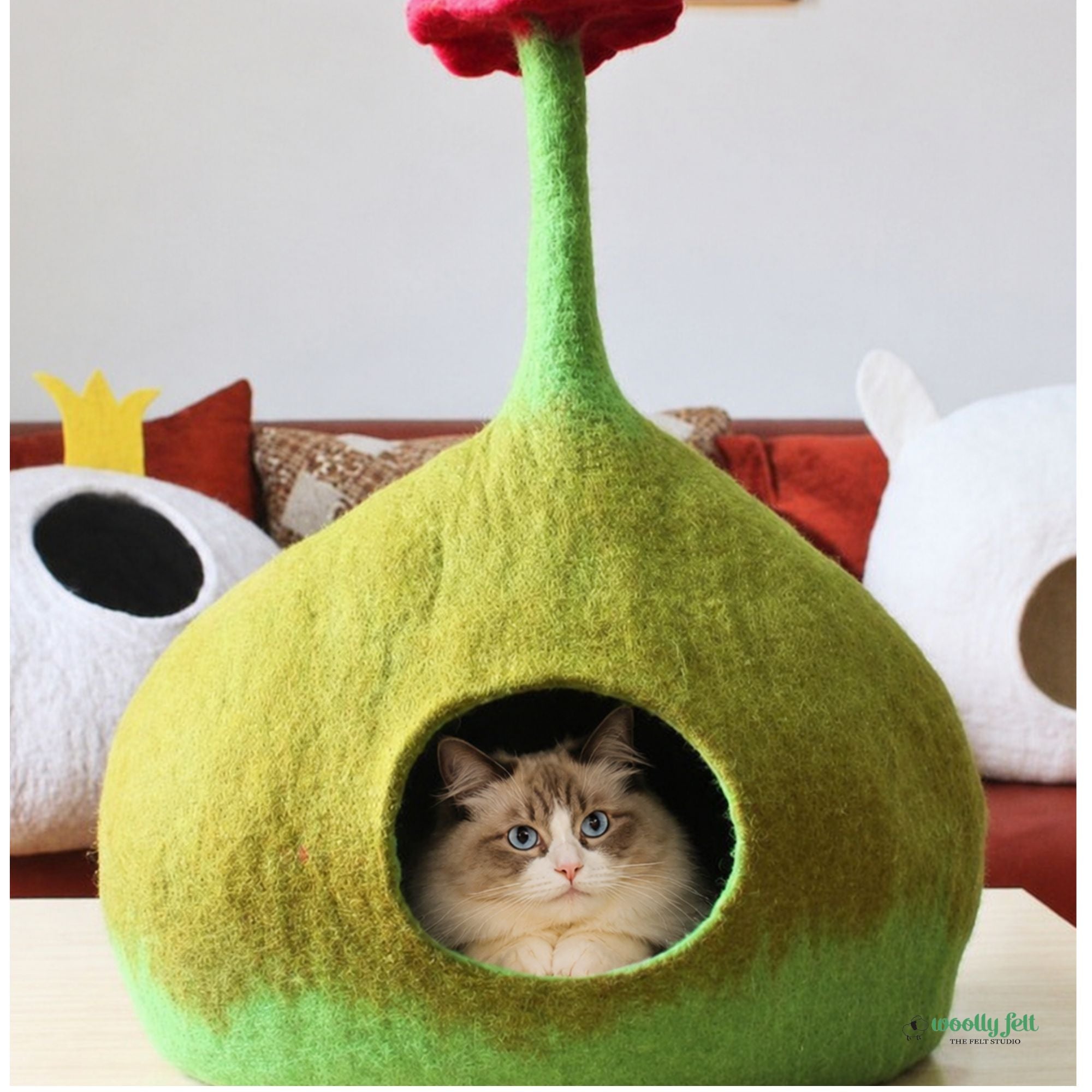 Cuccia per gatti in feltro con decorazione a fiori, cuccia per gatti in lana a doppia tonalità.