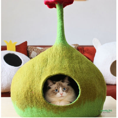 Cuccia per gatti in feltro con decorazione a fiori, cuccia per gatti in lana a doppia tonalità.