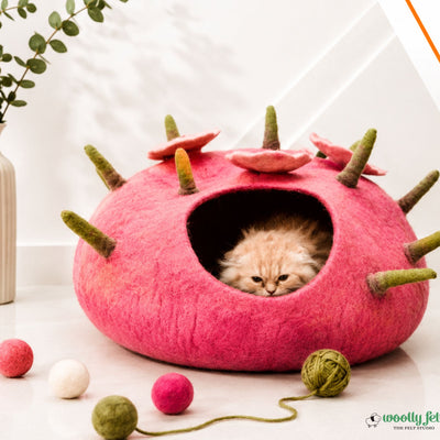 Pink Toadstool Felt Cat Cave Handmade Wool Cat House