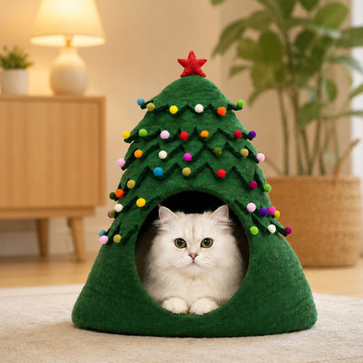 Niche pour Chat en Feutre Sapin de Noël, Lit pour Chat en Laine Fait Main