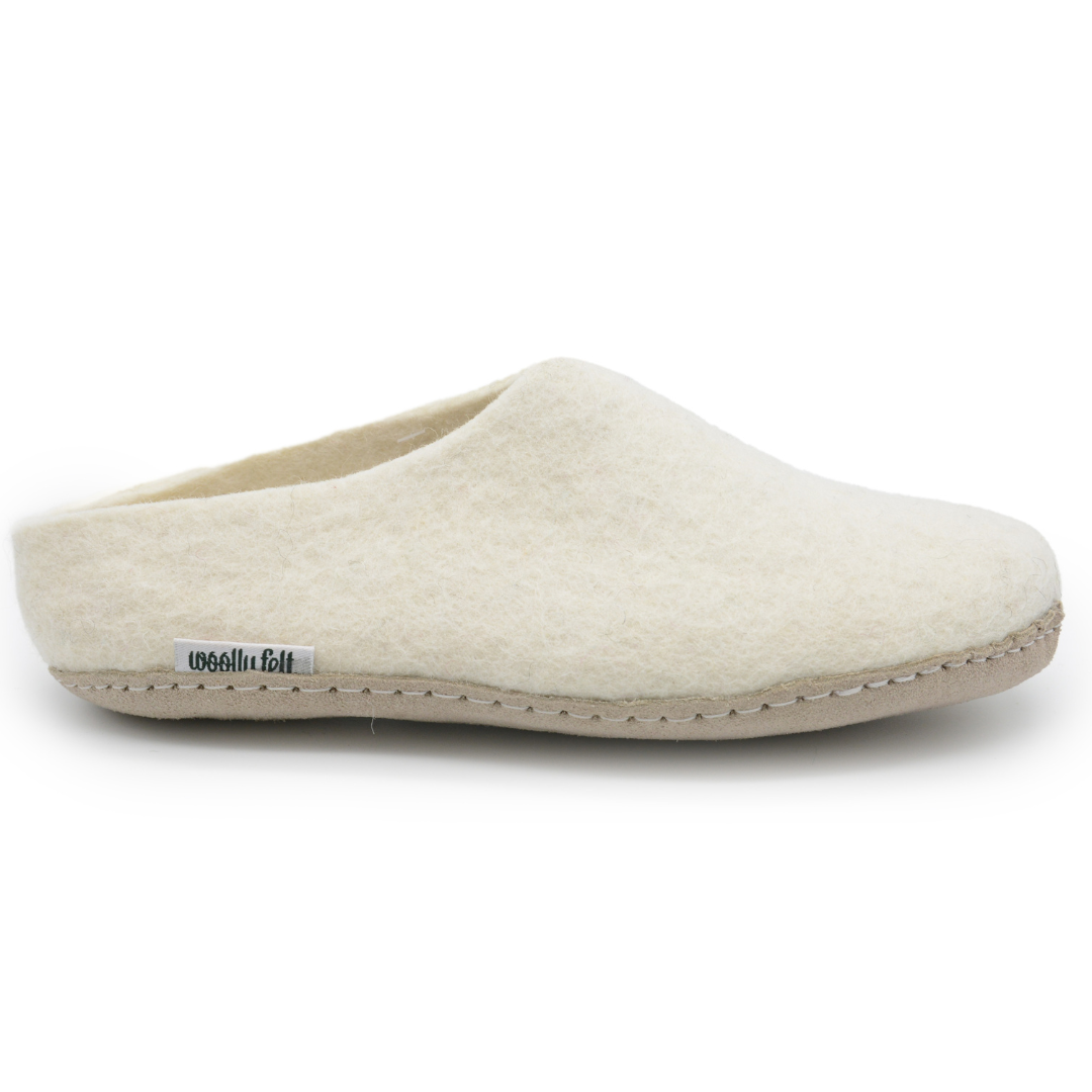 White Handmade Wool Felt Indoor Slipper with Leather Sole