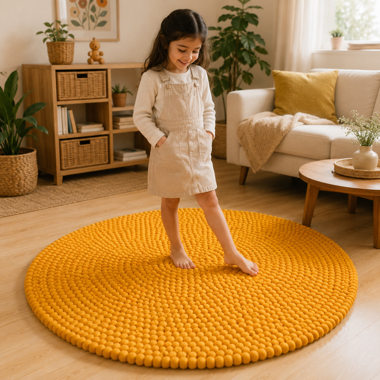 Handmade Yellow Wool Round Area Rug