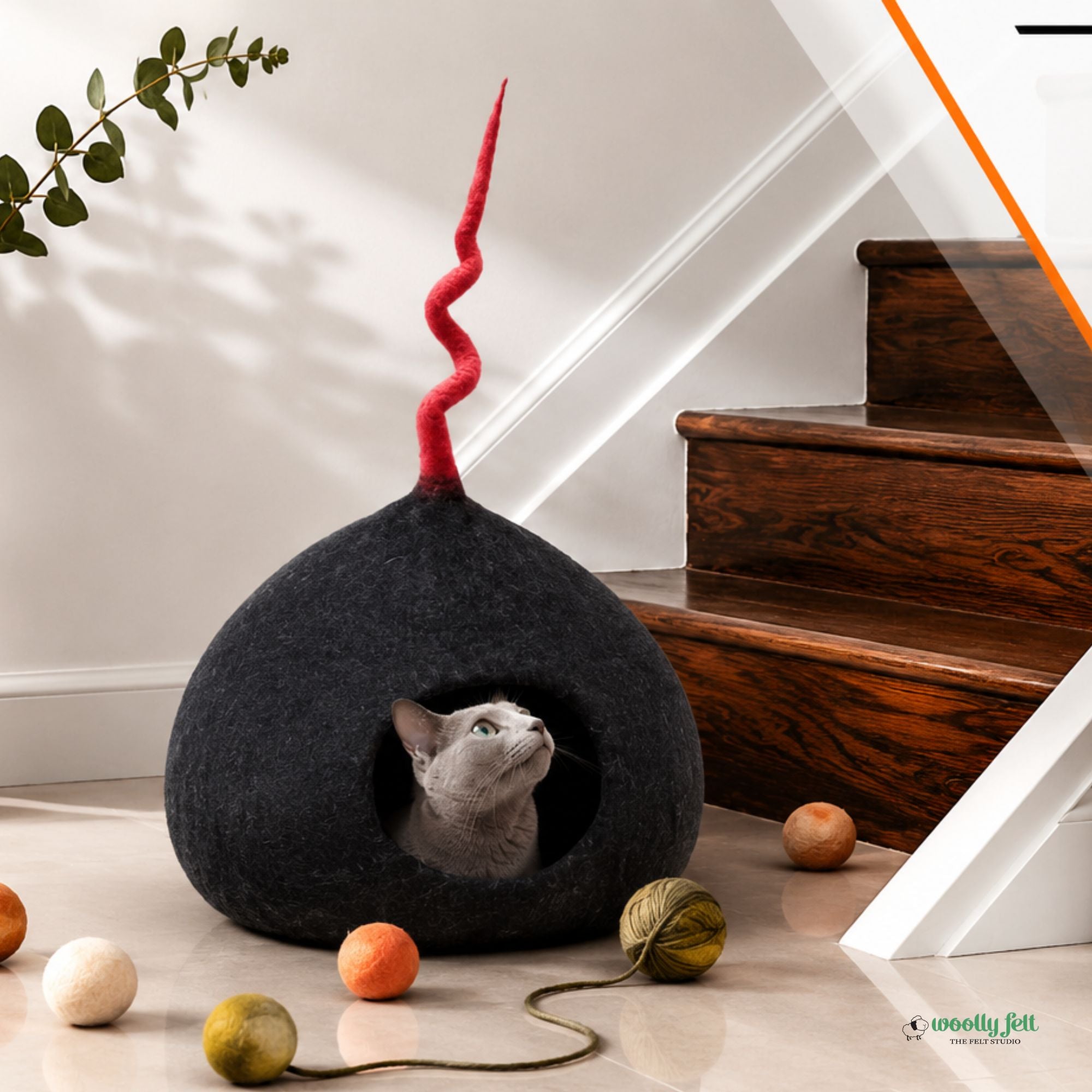 Black Felt Cat Cave with Red Tail Wool Cat Bed Cat Pod