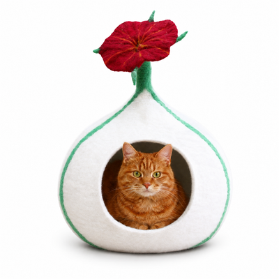 Ronde kattenmand met bloemenprint - Handgevilte kattencocoon