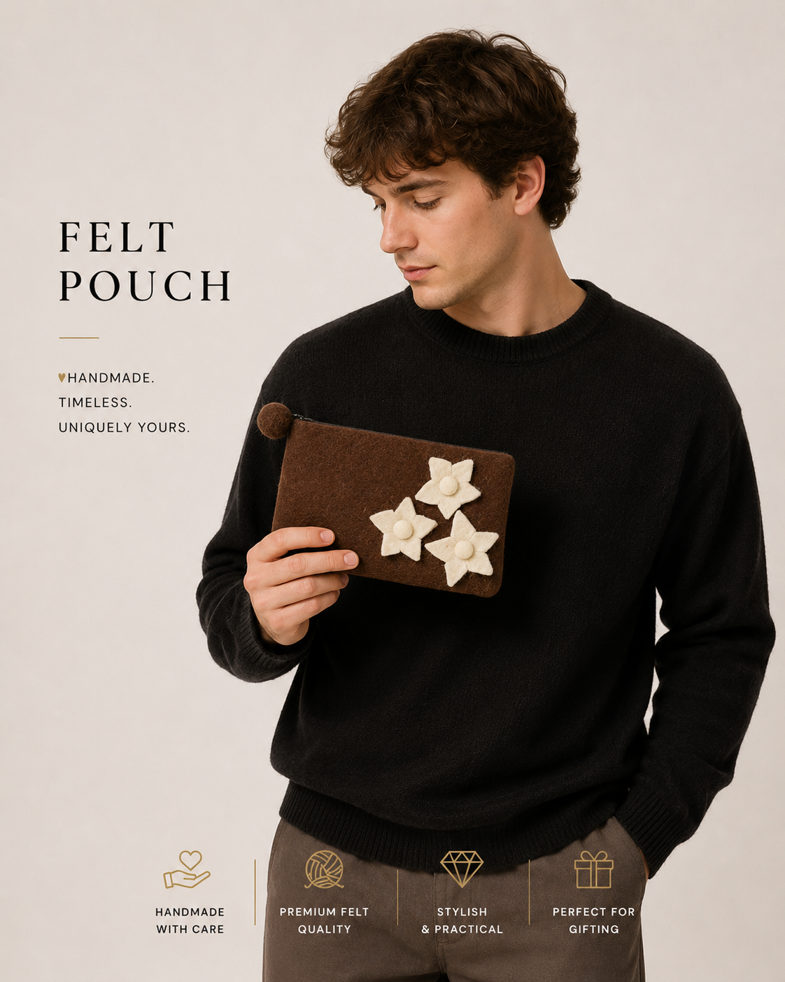 Brown Wool Felt Purse with White Star Flower Applique