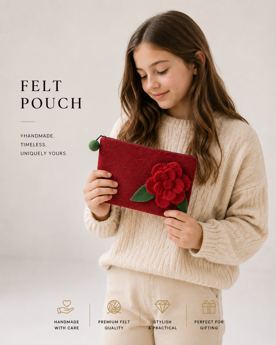 Maroon Wool Felt Hand Purse with Red Rose Flower Design