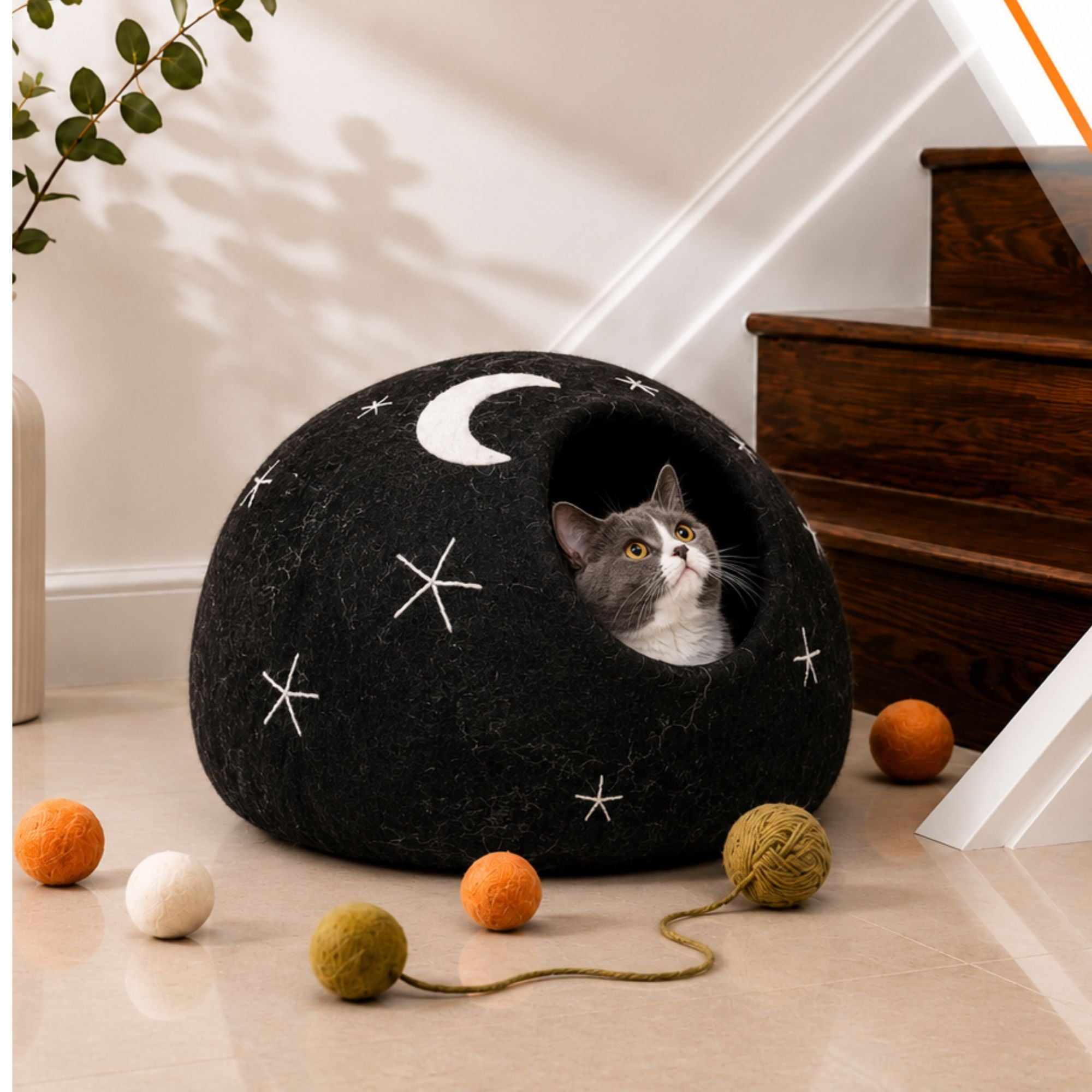 Star and Moon Felt Cat Cave Handmade Wool Cat Bed Cat Pod