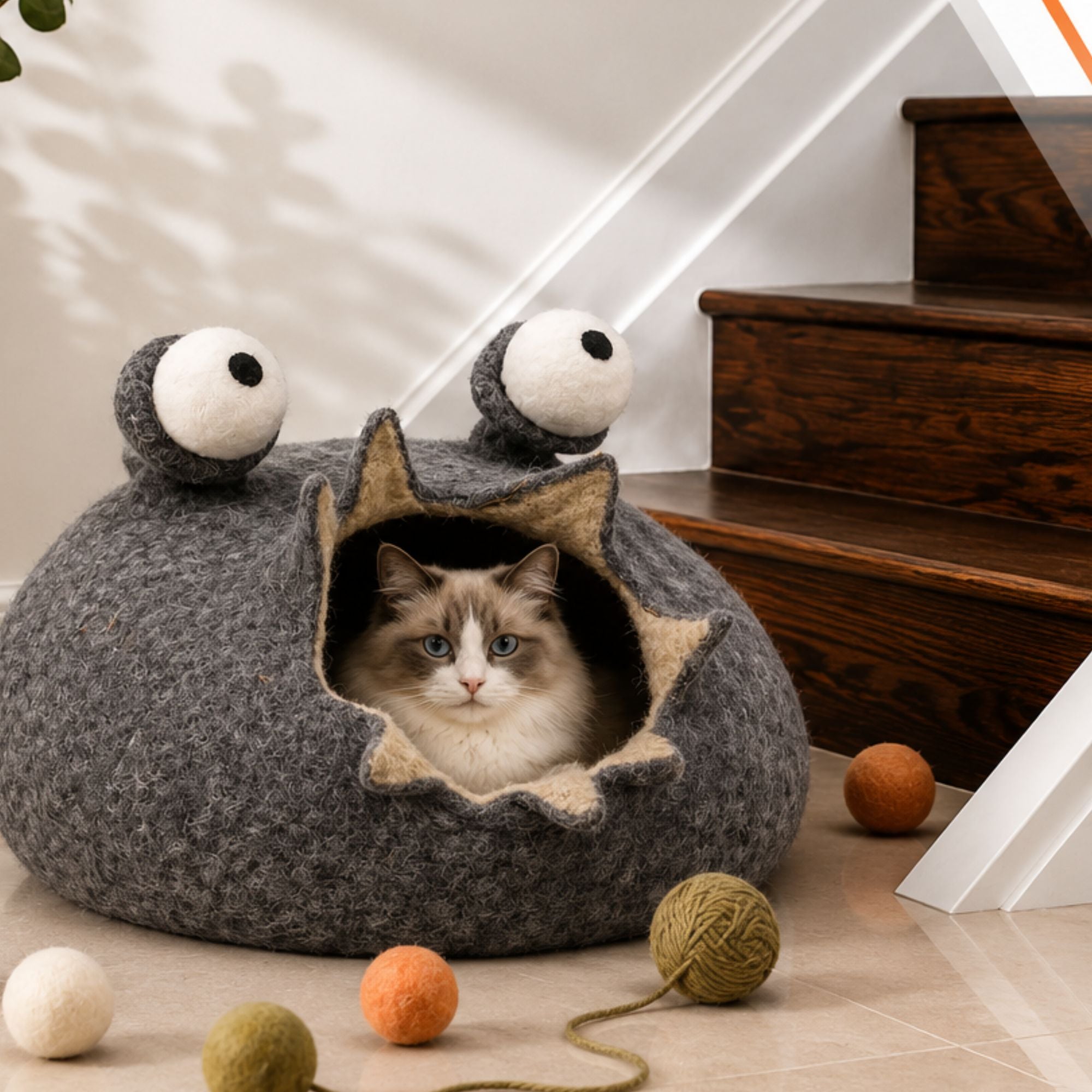 Grotte pour chat en feutre gris foncé en forme d'escargot, lit douillet pour chat en laine, maison confortable pour chat