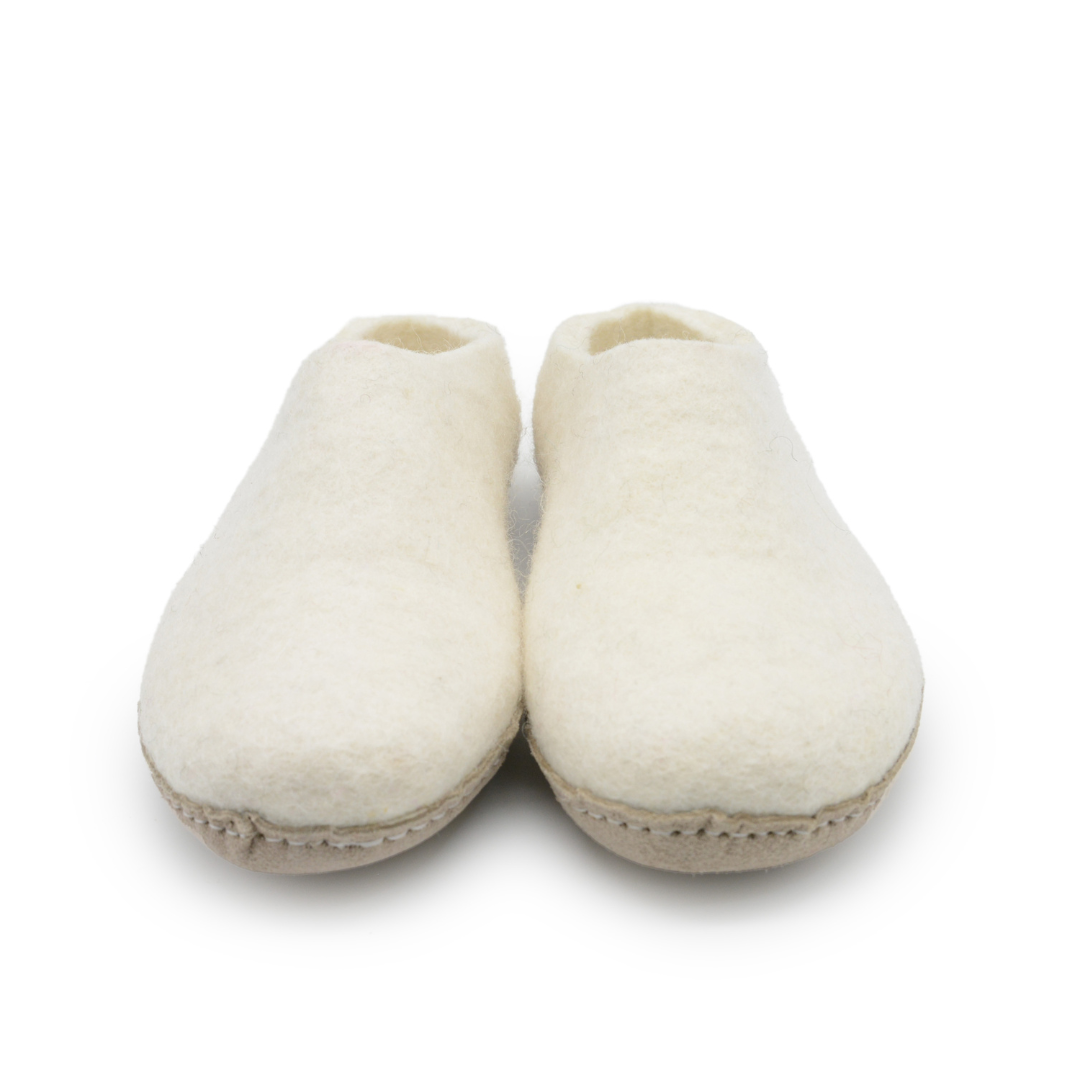 White Handmade Wool Felt Indoor Slipper with Leather Sole