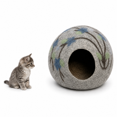 Handmade Felt Cat Cave – Gray Wool Pet Bed, Nepal