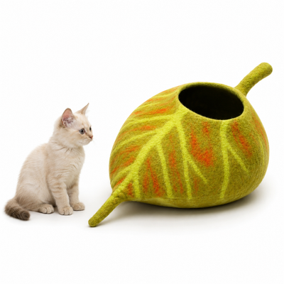 フェルト製猫用隠れ家 – 葉っぱデザインのペットベッド、猫ちゃんの隠れ家