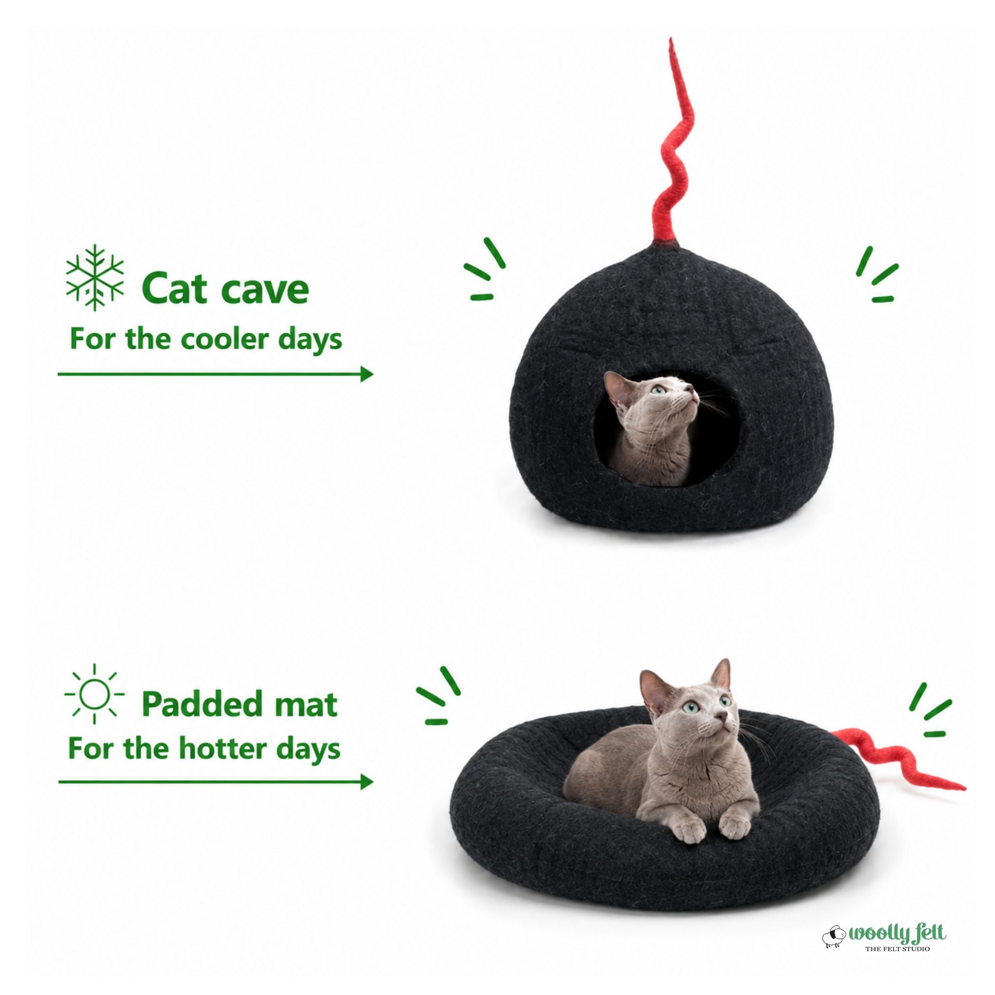 Niche pour chat en feutre noir avec queue rouge, lit douillet pour chat, pod pour chat