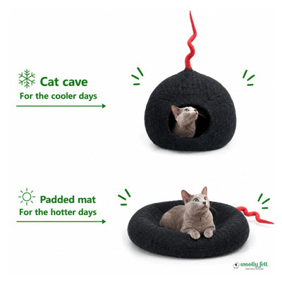 Niche pour chat en feutre noir avec queue rouge, lit douillet pour chat, pod pour chat