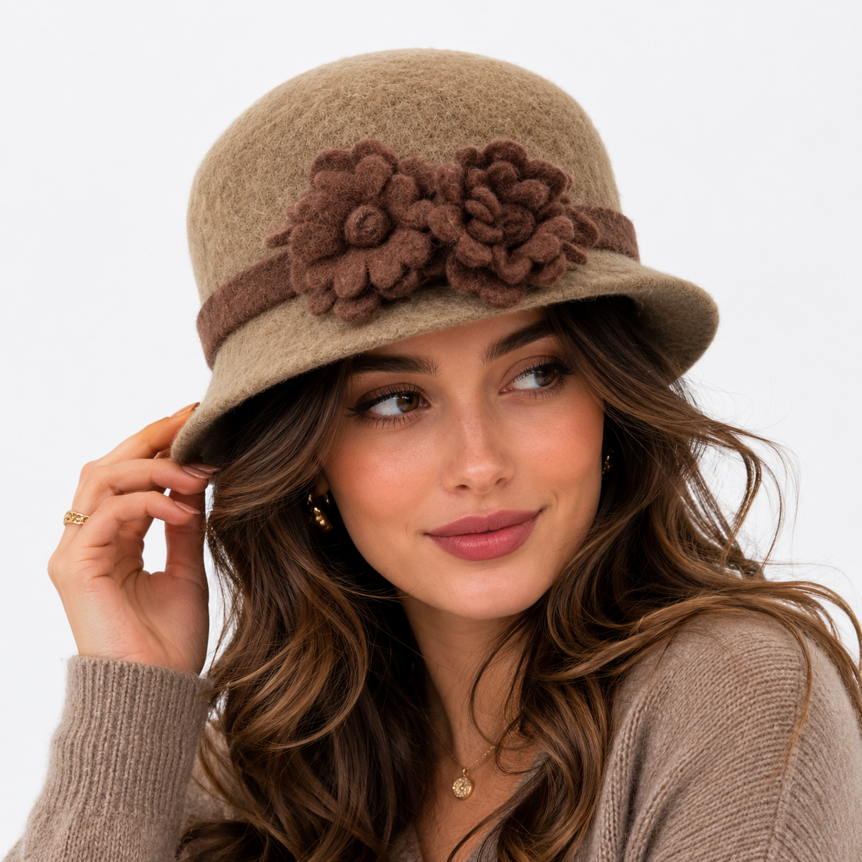 Unique Brown Wool Felt Hat with Flower Accent