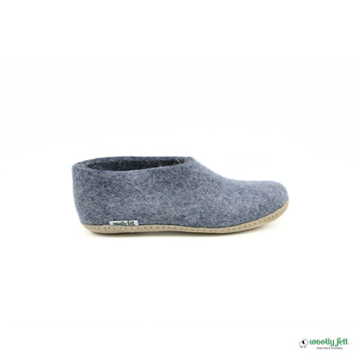 Denim Blue Handmade Wool Felt Indoor Shoes with Leather Sole