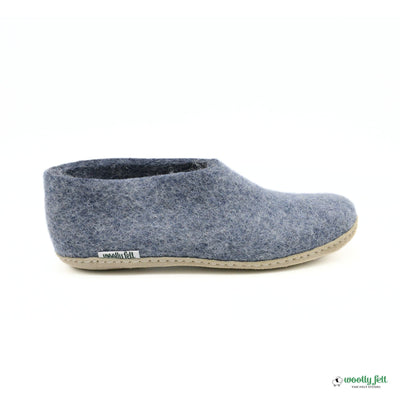 Denim Blue Handmade Wool Felt Indoor Shoes with Leather Sole
