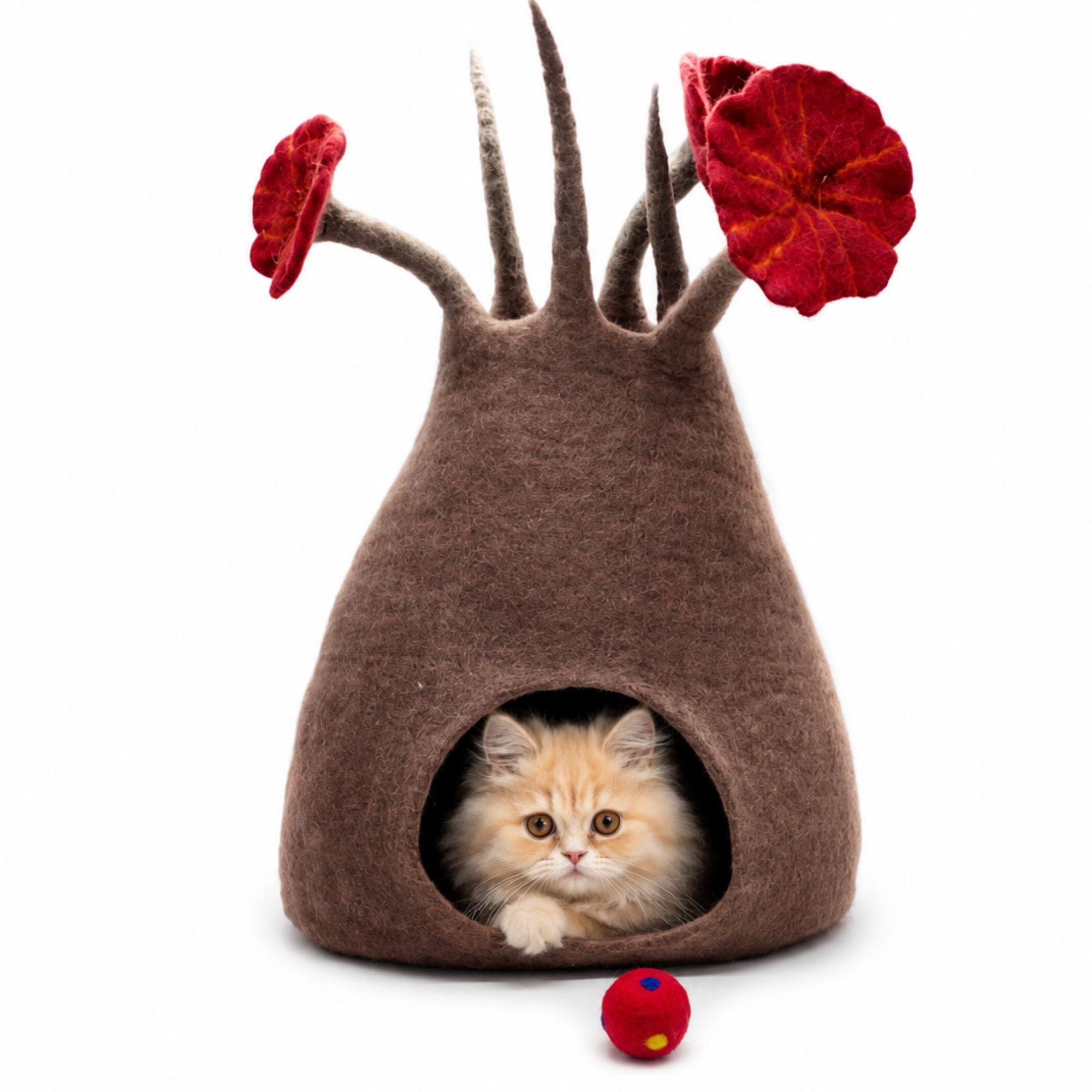 Handmade Red Flower Felt Cat Cave Wool Cat Bed Cozy Cat House