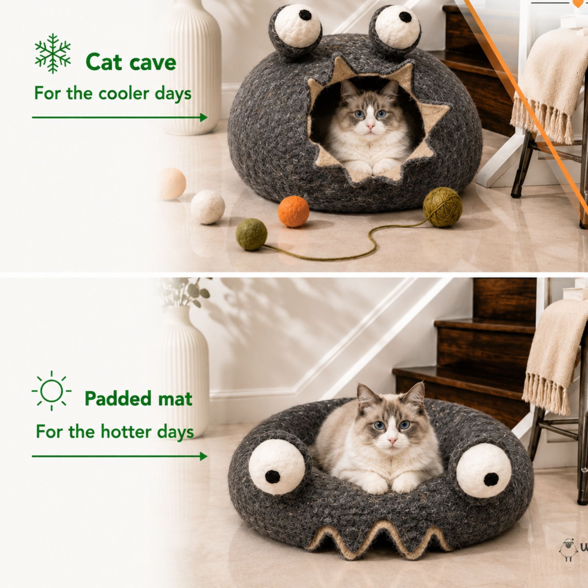 Grotte pour chat en feutre gris foncé en forme d'escargot, lit douillet pour chat en laine, maison confortable pour chat