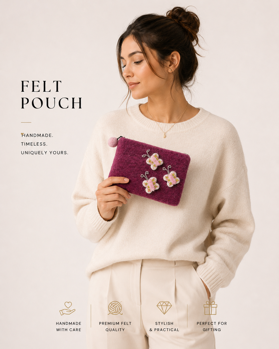 Purple Wool Felt Hand Purse with White Butterfly Applique