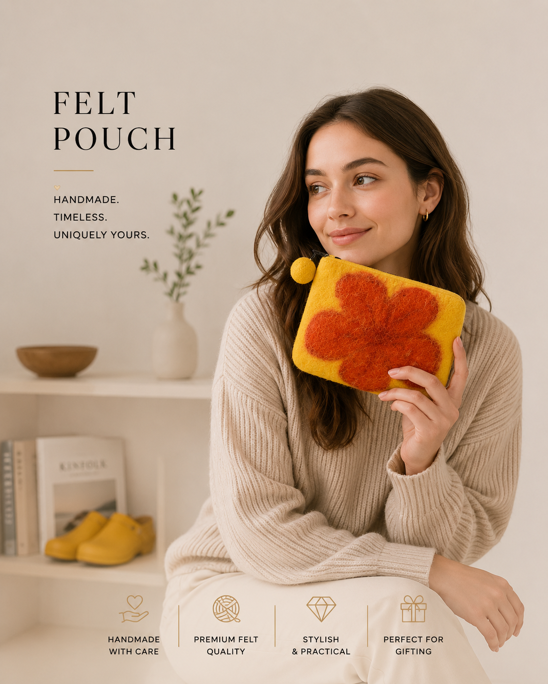 Yellow Wool Felt Coin Pouch with Orange Flower Design