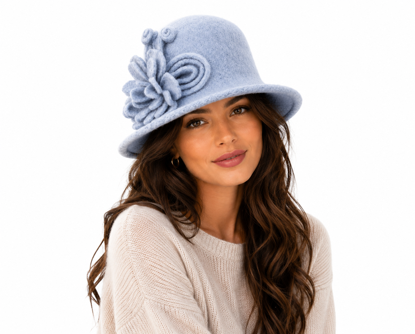 Charming Gray Wool Felt Hat with Floral Design