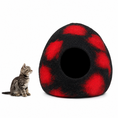 Black with Red Spot Polka Dot Wool Cocoon Cat Cave Bed