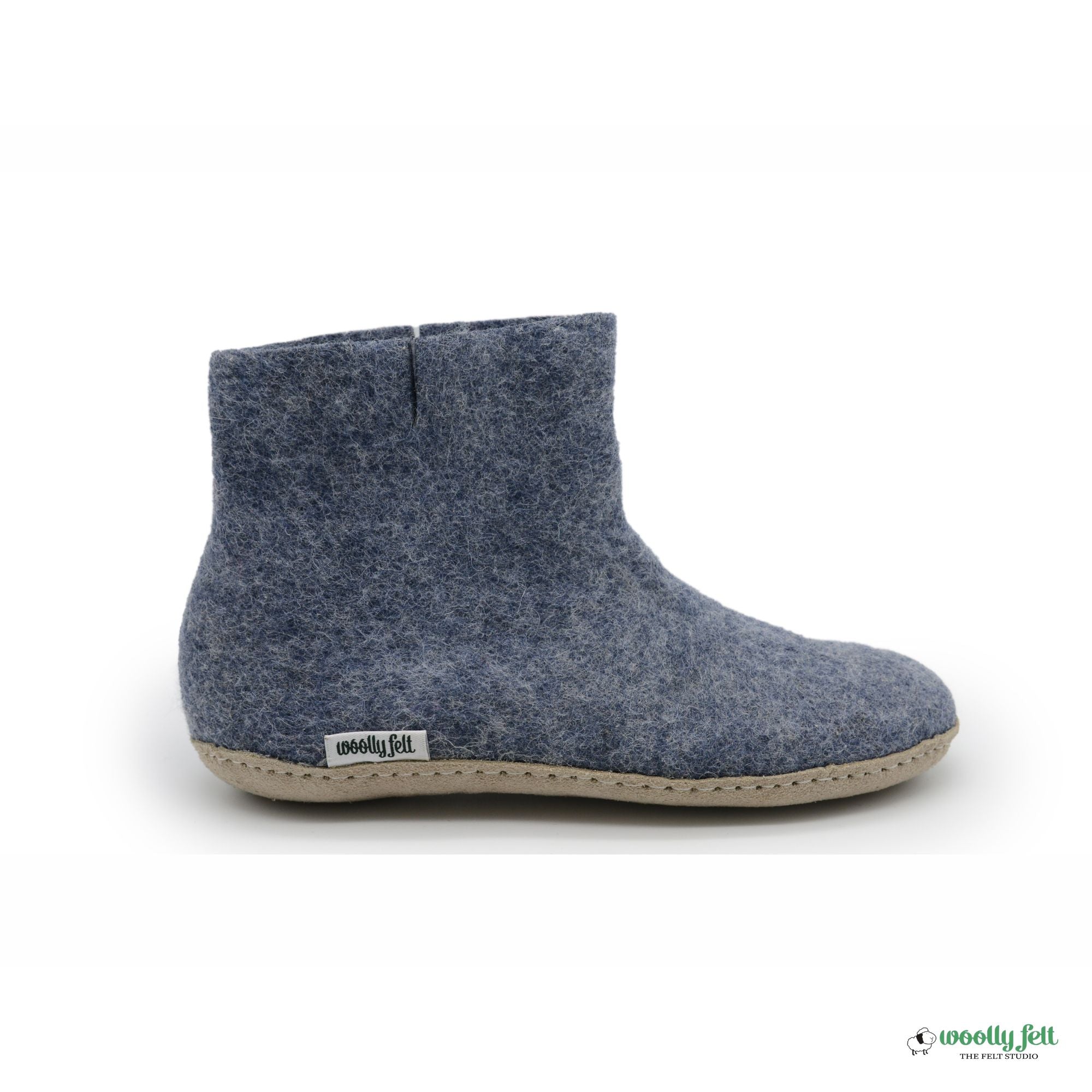 Denim Blue Handmade Wool Felt Indoor Boot with Leather Sole
